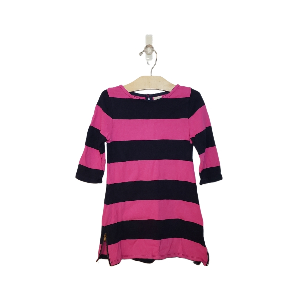 Crewcuts 5 Girls Pink and Navy Striped Zip Accent 3/4 Sleeve Tunic Dress